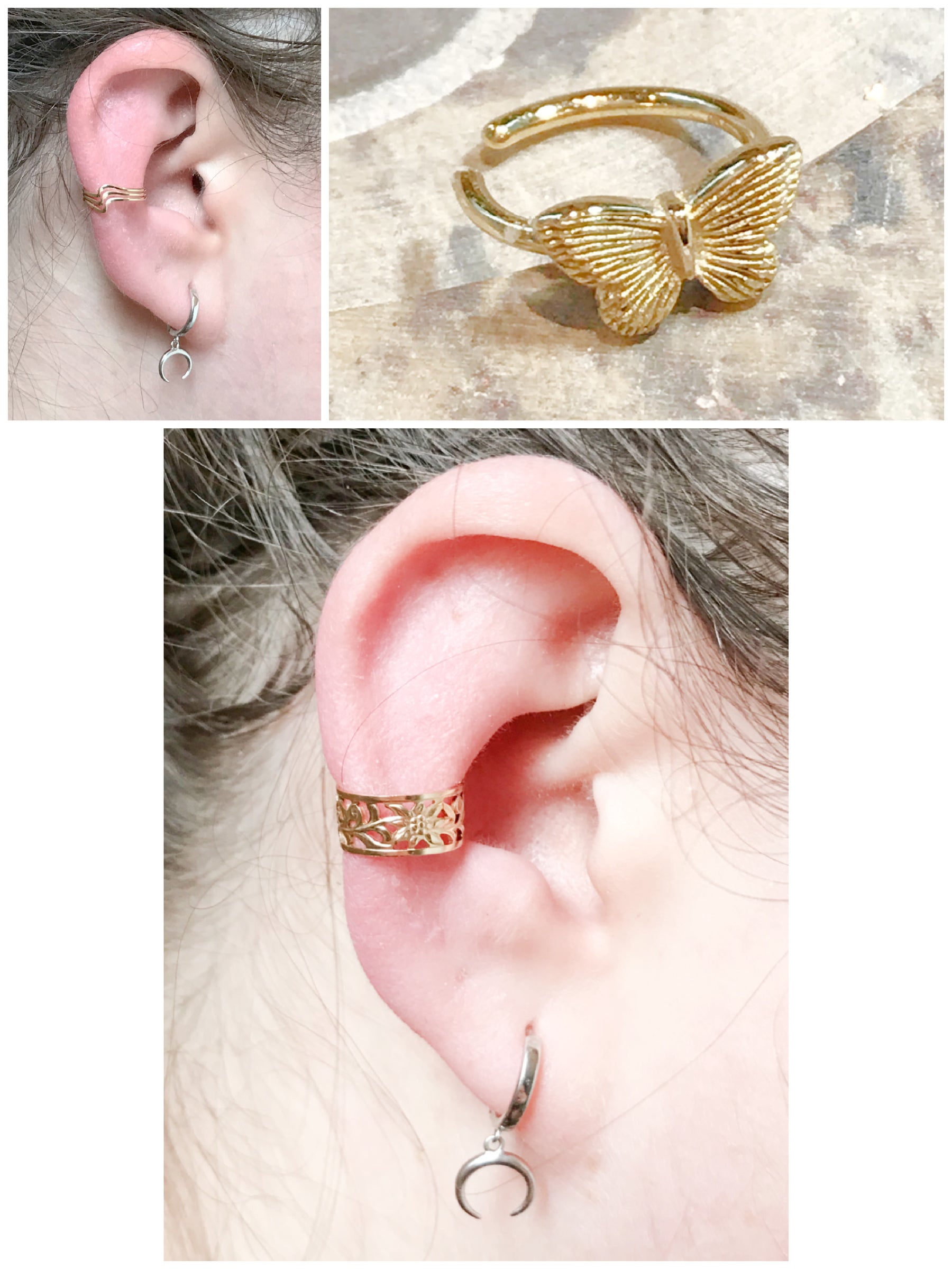 A collage of three images featuring ear cuffs