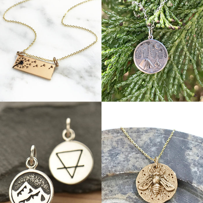 A collage of four images with necklaces and pendants