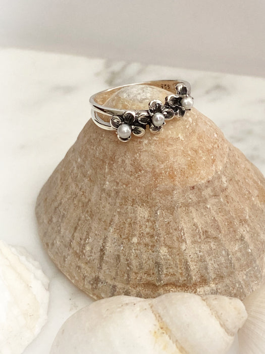 Triple Pearl Flower Ring | Sterling Silver 6 7 8 9 | Light Years Jewelry