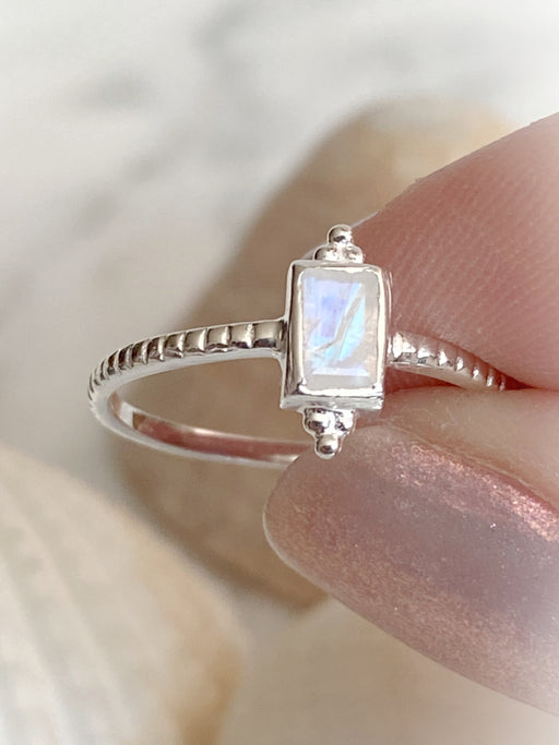 Moonstone Baguette Ring | Sterling Silver Size 6 7 8 9 | Light Years
