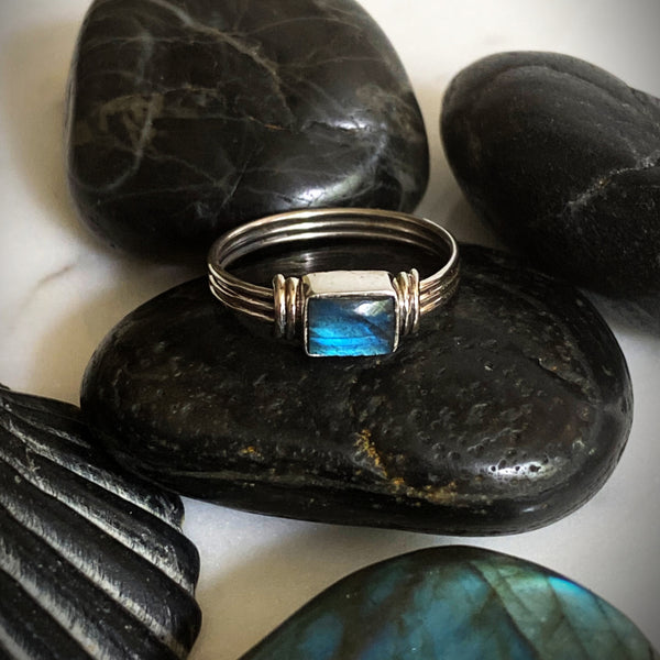 Rectangle Labradorite Ring | Sterling Silver Size 6 7 8 9 | Light Years