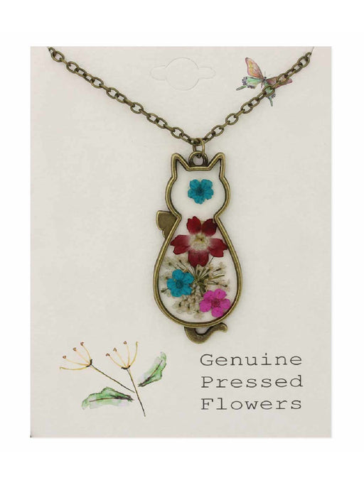 Pressed Flowers Cat Necklace | Brass Chain Pendant | Light Years Jewelry
