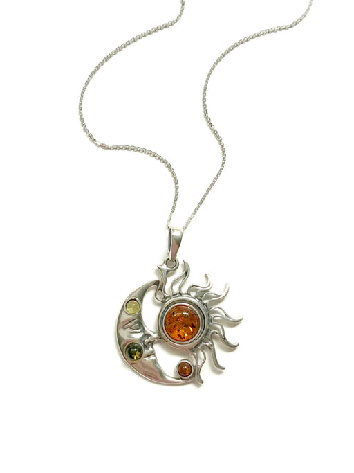 Celestial Sun Moon Amber Necklace | Sterling Silver Pendant Chain | Light Years