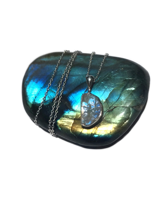 Rough Cut Gemstone Necklace | Rainbow Moonstone | Sterling Silver Pendant Chain | Light Years