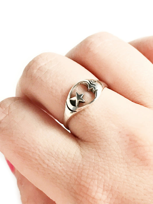 Encircled Moon & Star Ring | Sterling Silver Size 6 7 8 9 | Light Years