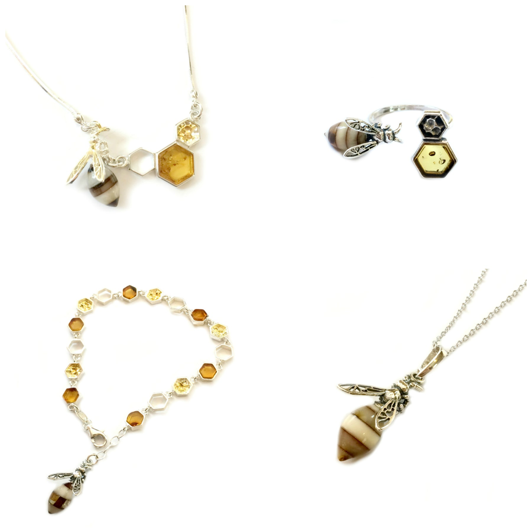 Image of four pieces of jewelry with bumblebee design