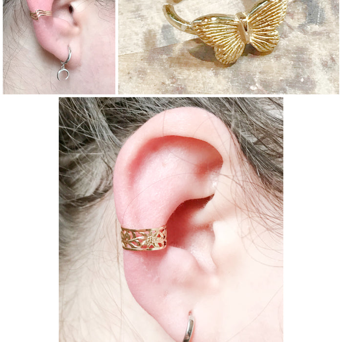 A collage of three images featuring ear cuffs