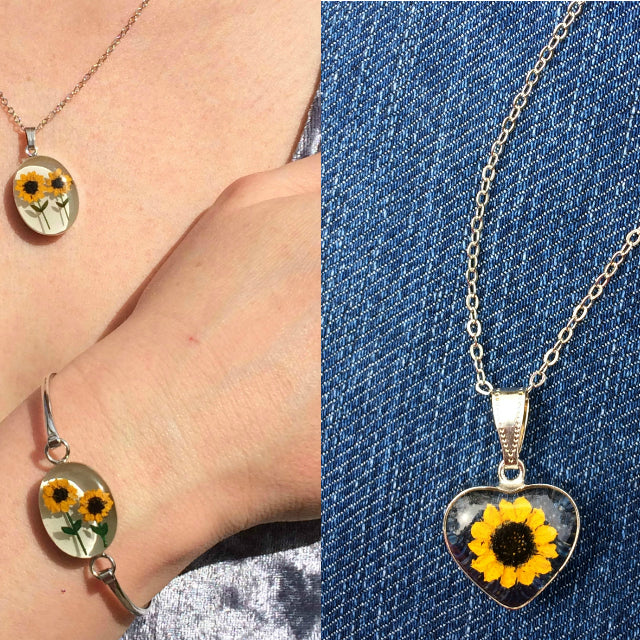 Collage of two pictures with two sunflower necklaces and a bracelet