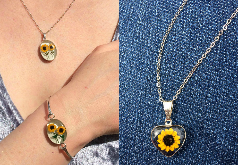 Collage of two pictures with two sunflower necklaces and a bracelet