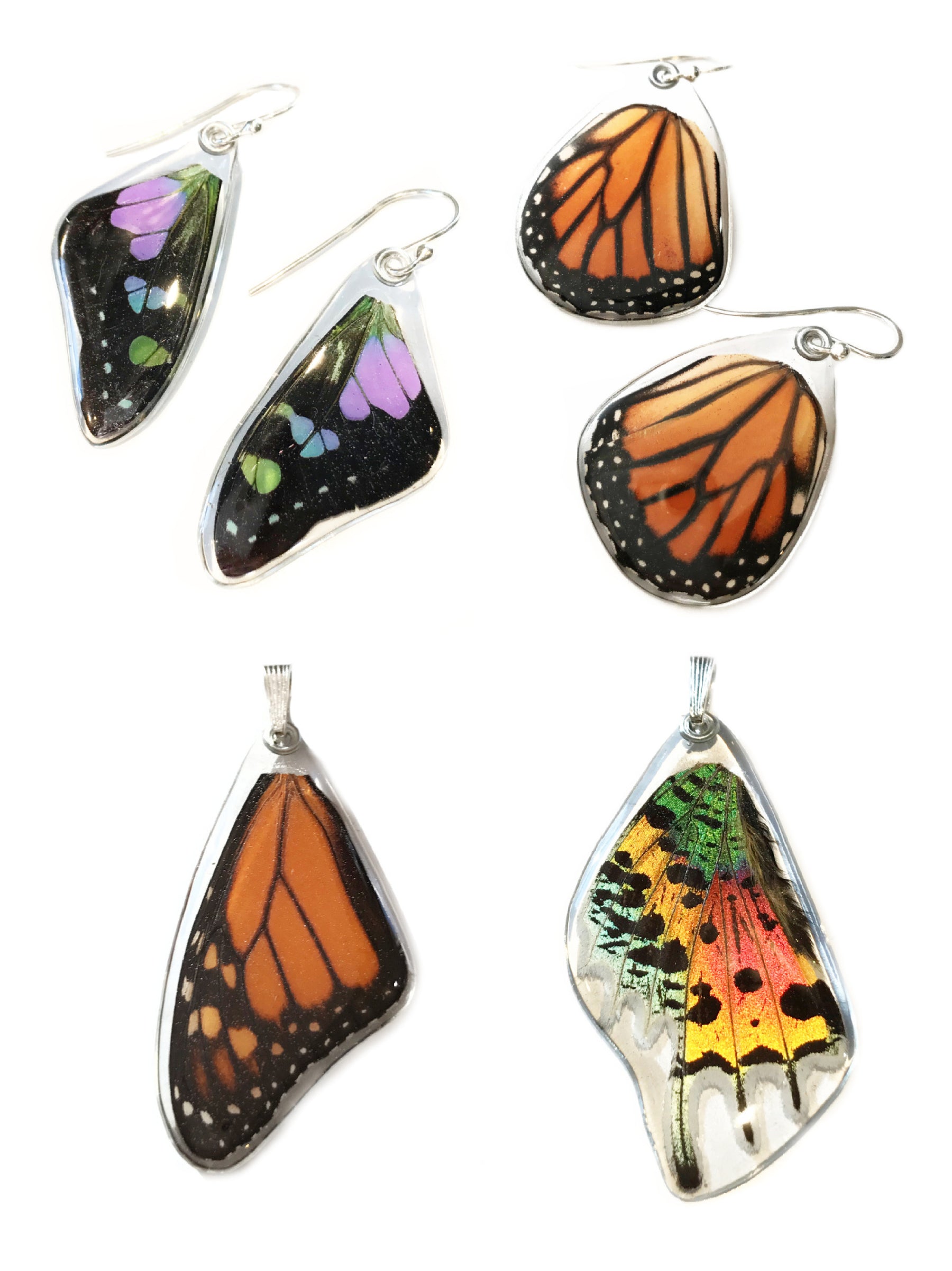 Image of two pairs of butterfly earrings and two butterfly pendants