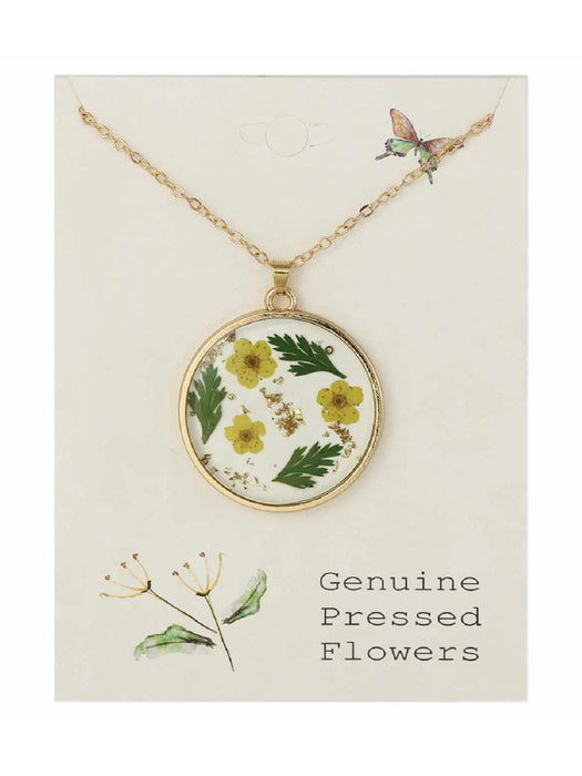 Round Pressed Yellow Flowers Necklace