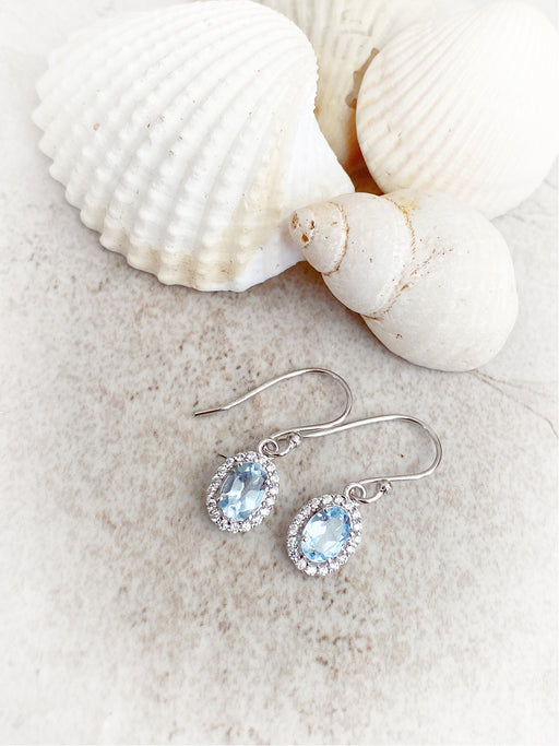 CZ Bordered Blue Topaz Dangles | Sterling Silver Earrings | Light Years