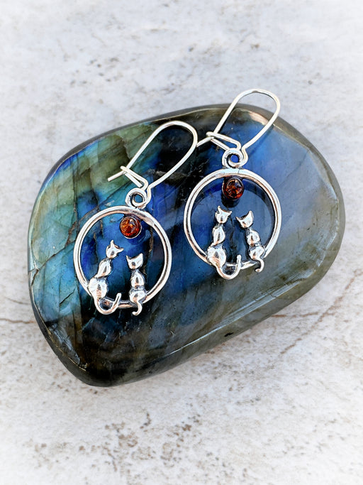 Baltic Amber Moon Cat Dangles | Sterling Silver Earrings | light Years Jewelry