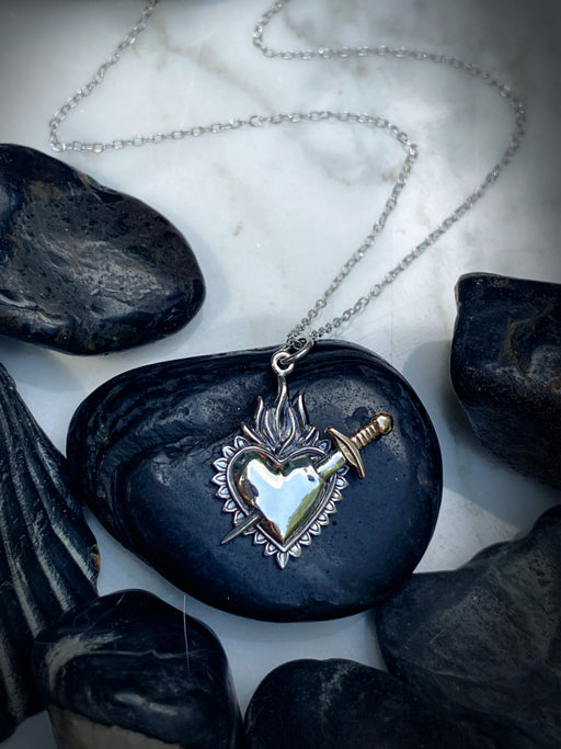 Sacred Flaming Heart Sword Necklace | Sterling Silver Pendant Chain | Light Years