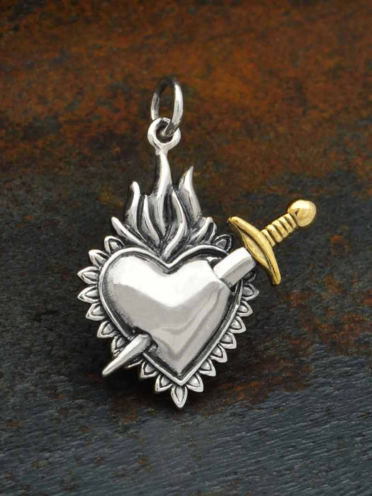 Sacred Flaming Heart Sword Necklace | Sterling Silver Pendant Chain | Light Years