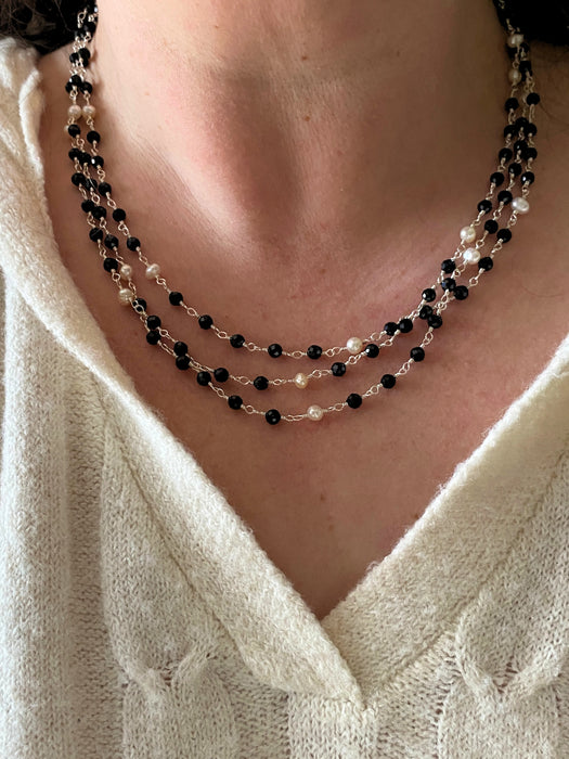 Triple Layer Black Spinel & Pearl Necklace | Elegant Stone Jewelry | Light Years