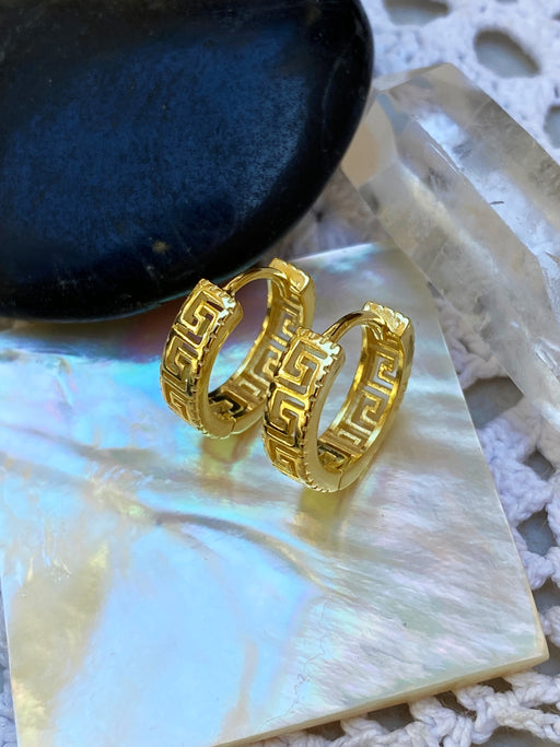 Greek Key Huggie Hoops | Sterling Silver Gold Vermeil Earrings | Light Years