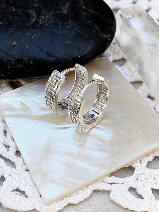 Greek Key Huggie Hoops | Sterling Silver Gold Vermeil Earrings | Light Years