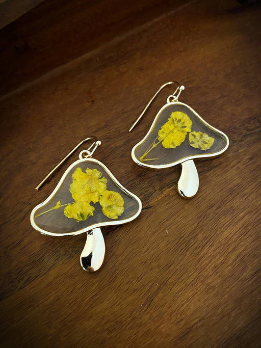 Pressed Flower Toadstool Dangles | Gold Mushroom Earrings | Light Years Jewelry