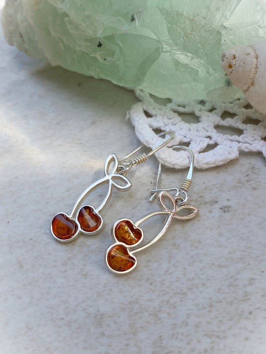 Baltic Amber Cherries Dangles | Sterling Silver Earrings | Light Years