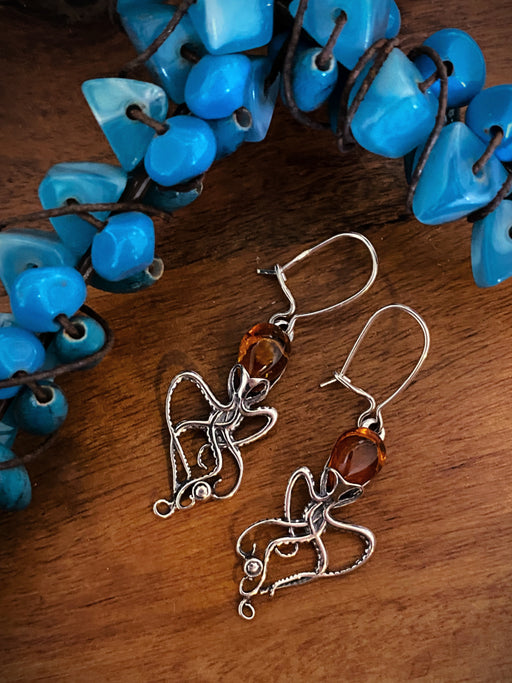 Amber Octopus Dangles | Sterling Silver Earrings | Light Years Jewelry