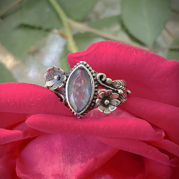 Apatite Flower Scroll Ring | Sterling Silver 6 7 8 9 | Light Years Jewelry