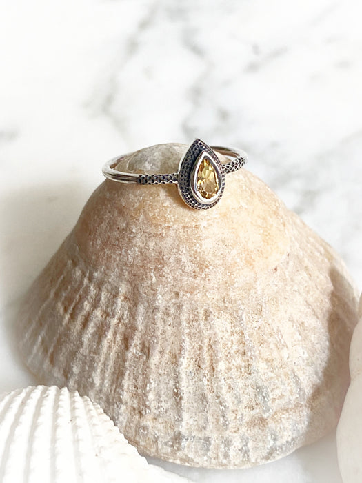 Etched Citrine Teardrop Ring | Sterling Silver Size 6 7 8 9 | Light Years