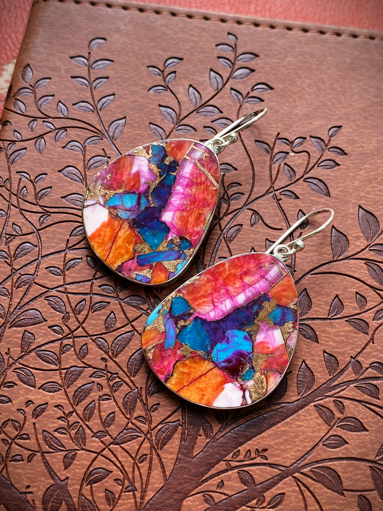Pink Oyster Shell Slab Statement Earrings | Sterling Silver Copper