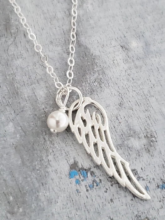 Angel Wing Pearl Charm Necklace | Sterling Silver Chain Pendant | Light Years