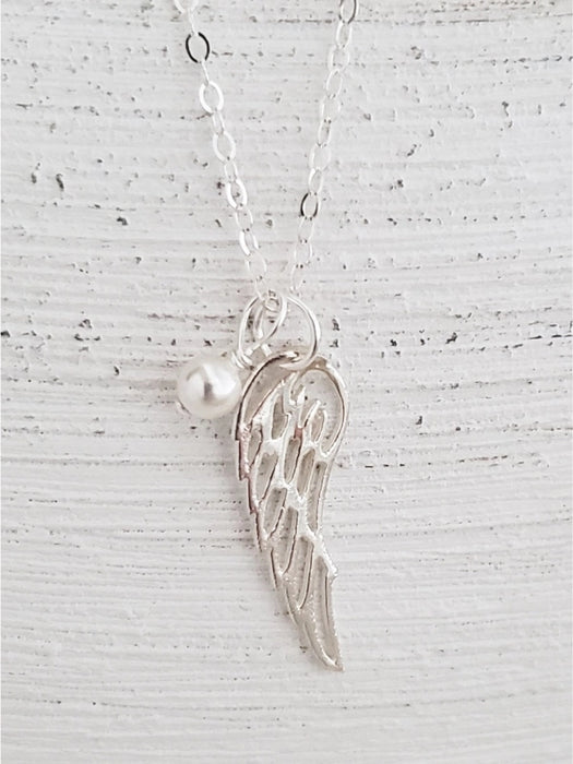 Angel Wing Pearl Charm Necklace | Sterling Silver Chain Pendant | Light Years