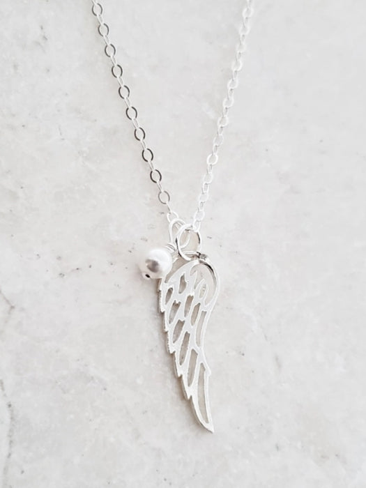 Angel Wing Pearl Charm Necklace | Sterling Silver Chain Pendant | Light Years