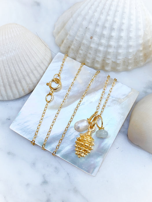 Pine Cone Pearl Aquamarine Charm Necklace | 14kt Gold Filled Chain Pendant | Light Years