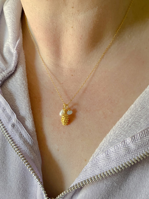 Pine Cone Pearl Aquamarine Charm Necklace | 14kt Gold Filled Chain Pendant | Light Years
