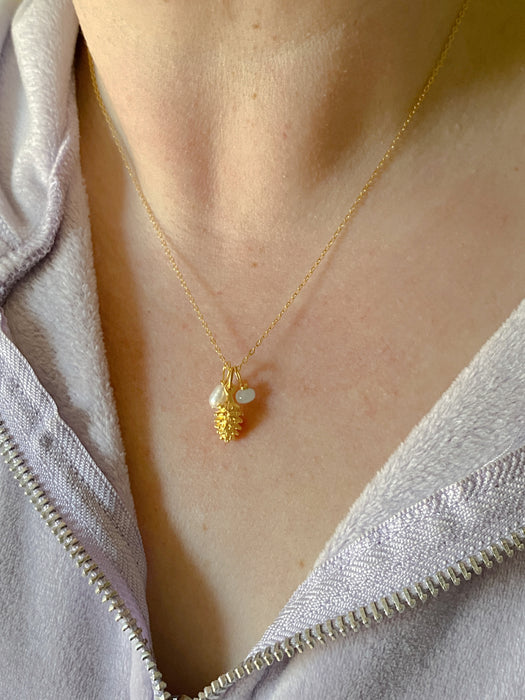 Pine Cone Pearl Aquamarine Charm Necklace | 14kt Gold Filled Chain Pendant | Light Years