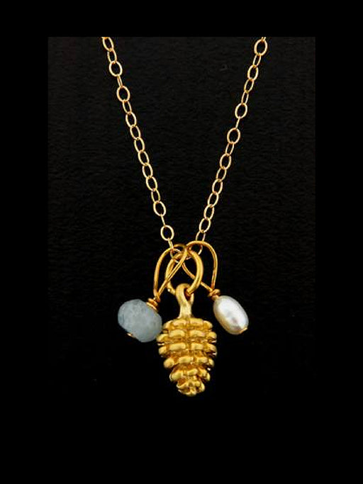 Pine Cone Pearl Aquamarine Charm Necklace | 14kt Gold Filled Chain Pendant | Light Years