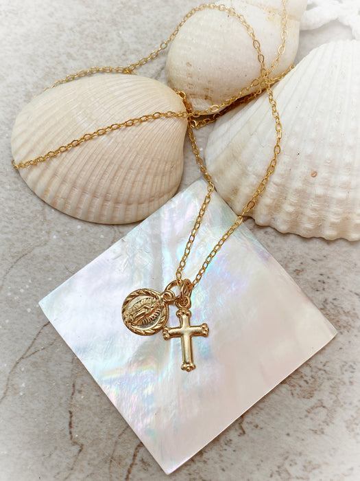 Miraculous Mary Cross Charm Necklace | Gold Filled Chain Pendants | Light Years