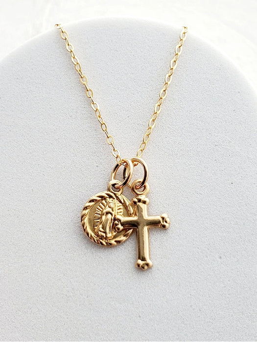 Miraculous Mary Cross Charm Necklace | Gold Filled Chain Pendants | Light Years