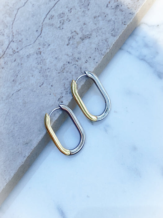 2 Tone Oval Huggie Hoops