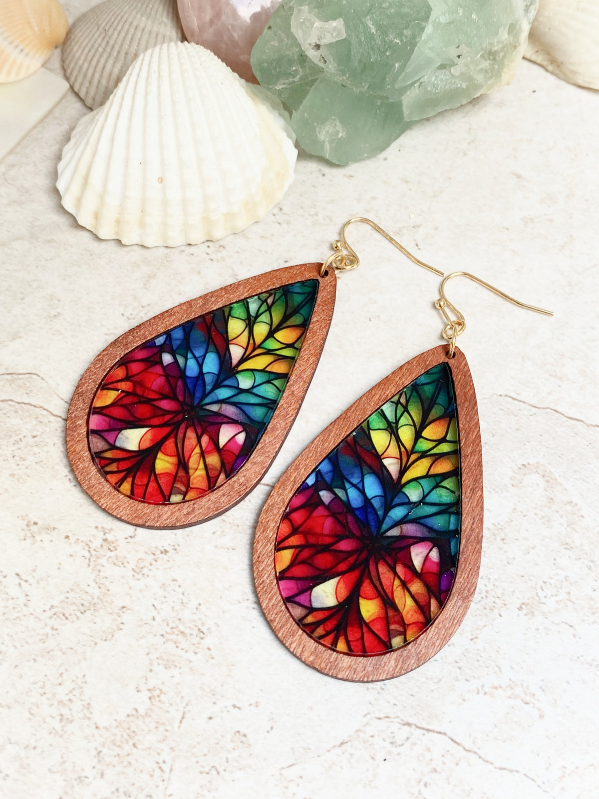 Rainbow Stained Glass Mosaic Dangles | Gold Acrylic Fashion 