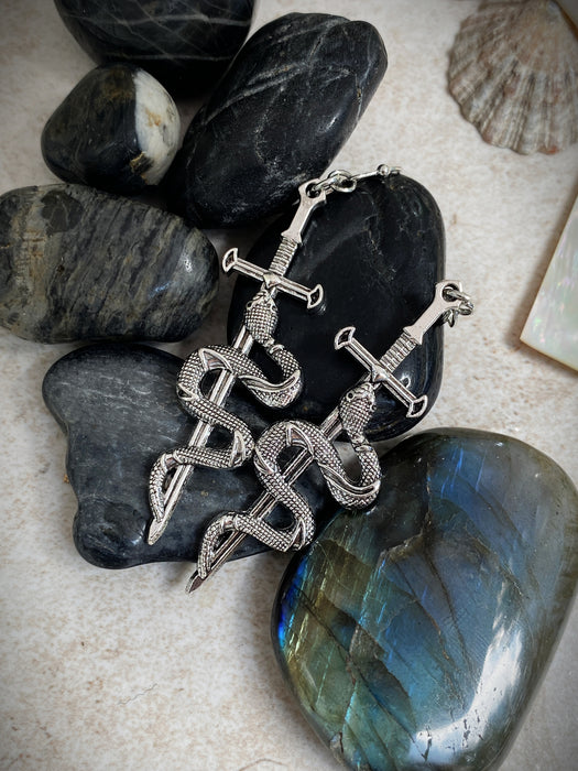 Snake & Sword Statement Dangles | Silver Fashion Earrings | Light Years