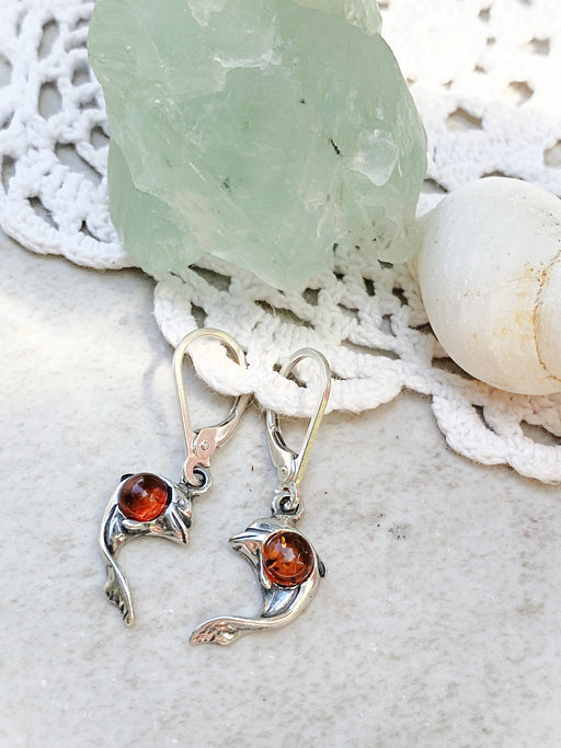 Baltic Amber Dolphin Dangles | Sterling Silver Beach Earrings | Light Years