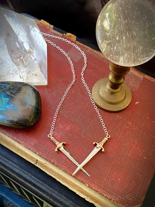 Crossed Sword Statement Necklace | Sterling Silver Bronze Festoon | Light Years