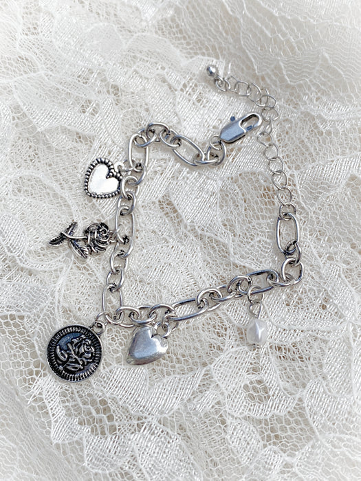 Vintage Romance Charm Bracelet | Silver Heart Flower Pearl | Light Years Jewelry