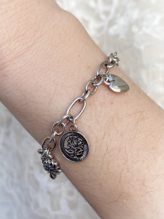 Vintage Romance Charm Bracelet | Silver Heart Flower Pearl | Light Years Jewelry