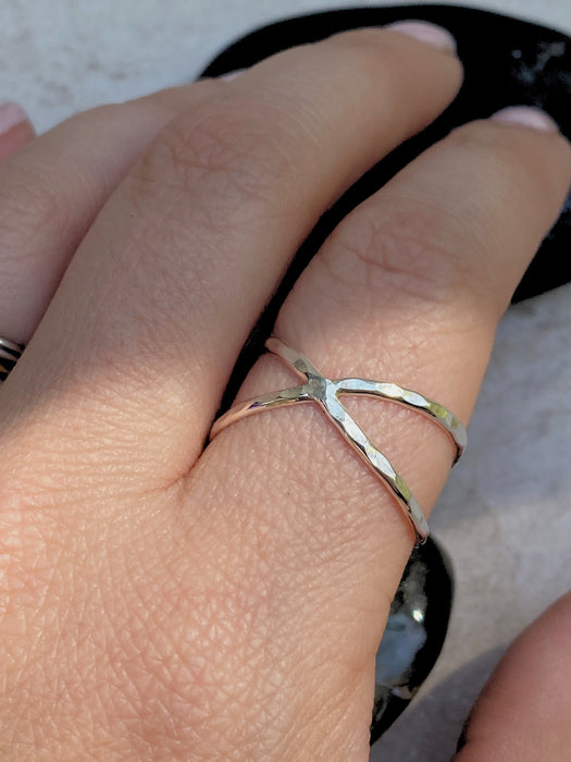 Hammered X Ring | Sterling Silver Size 6 7 8 9 10 11 | Light Years Jewelry