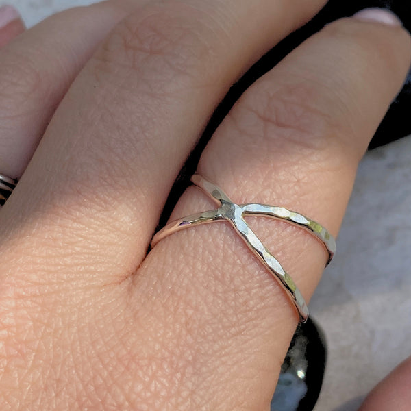 Hammered X Ring | Sterling Silver Size 6 7 8 9 10 11 | Light Years Jewelry