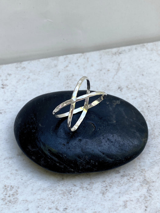 Hammered X Ring | Sterling Silver Size 6 7 8 9 10 11 | Light Years Jewelry