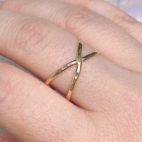 Hammered X Ring | 14kt Gold Filled USA Sizes 6 7 8 9 10 11 | Light Years 