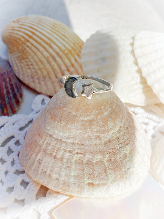 Meteorite Star & Moon Ring | Sterling Silver Size 4 5 6 7 8 9 10 | Light Years