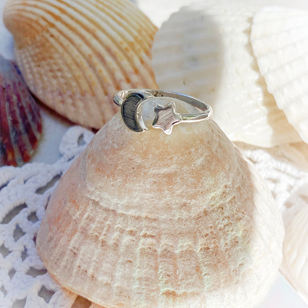 Meteorite Star & Moon Ring | Sterling Silver Size 4 5 6 7 8 9 10 | Light Years